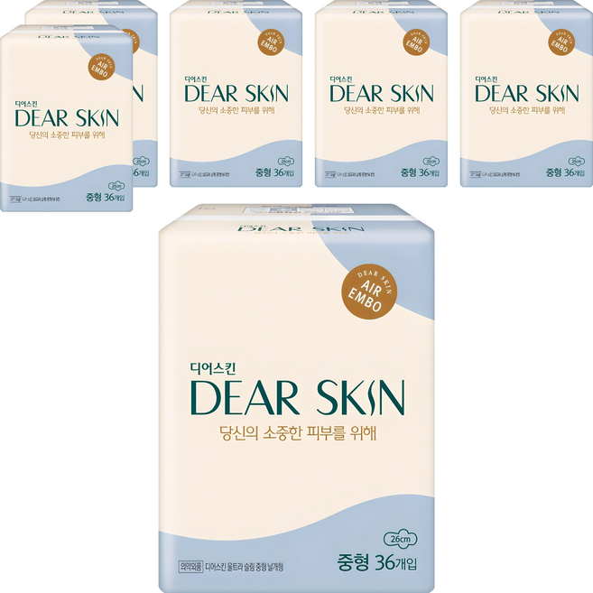 디어스킨 에어엠보 생리대 날개형, 중형, 36개입, 6개