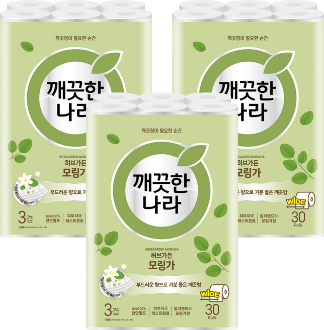 깨끗한나라 허브가든 모링가 3겹 천연펄프 화장지, 30m, 30개입, 3개