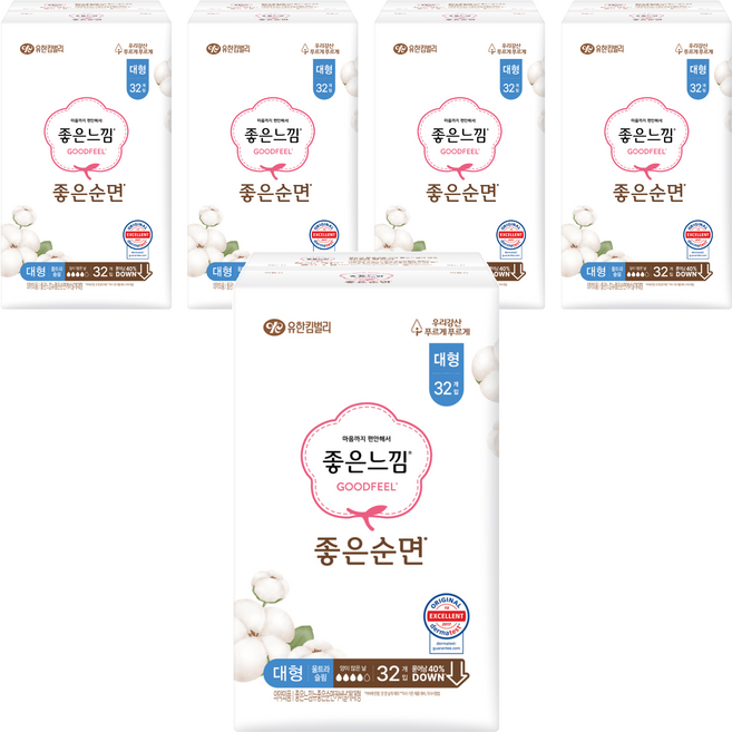 좋은느낌 좋은순면 생리대 날개형, 대형, 32개입, 5개
