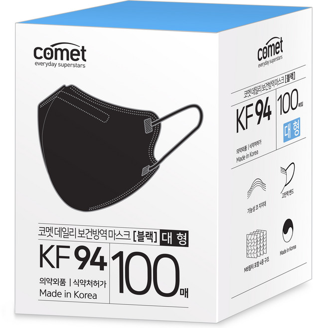 코멧 KF94 데일리 새부리형 보건방역 마스크 대형 와이드핏, 5개입, 20개, 블랙