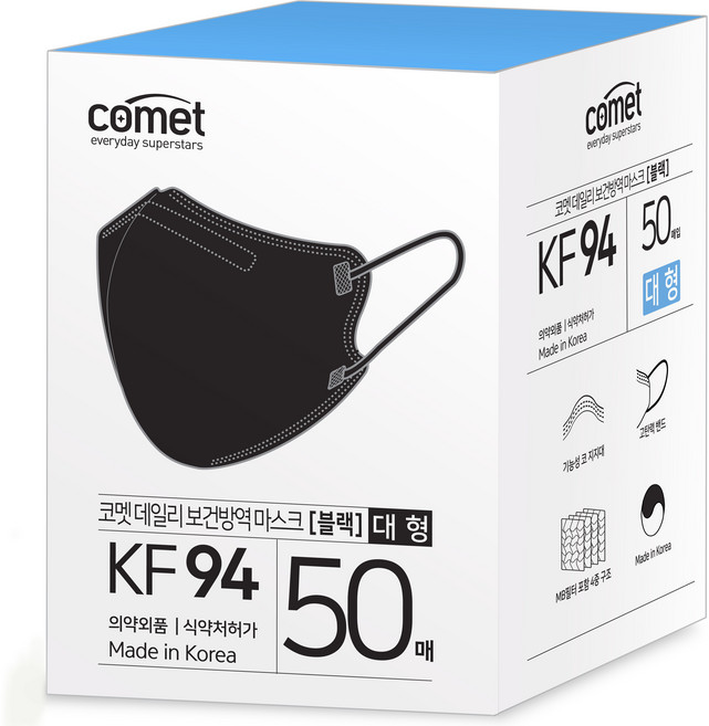 코멧 KF94 데일리 새부리형 보건방역 마스크 대형 와이드핏, 5개입, 10개, 블랙