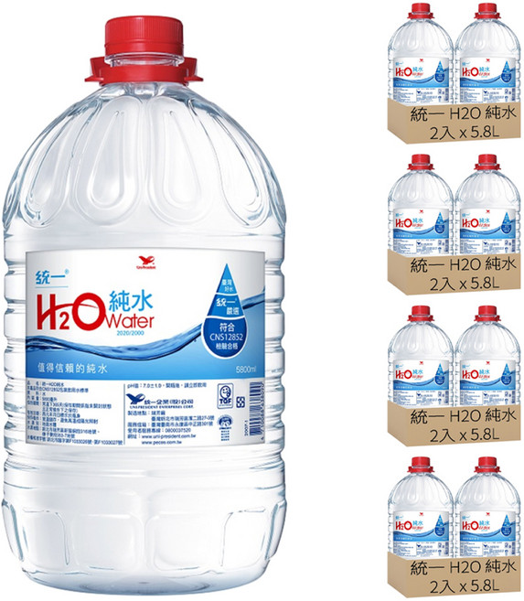 統一 H2O 純水, 5.8L, 8桶