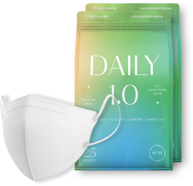 CLA 코리아 데일리 보건 컬러 새부리형 마스크 어린이용 KF94, 25개입, 2개, 화이트