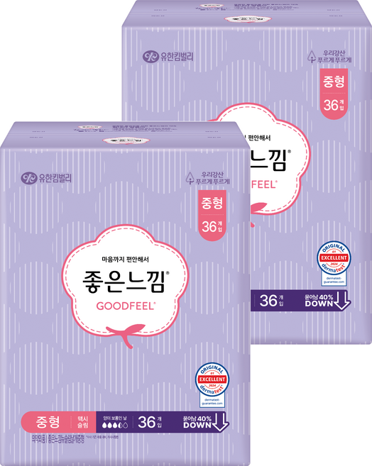 좋은느낌 오리지널 뉴슬림 생리대 날개형, 중형, 36개입, 2개