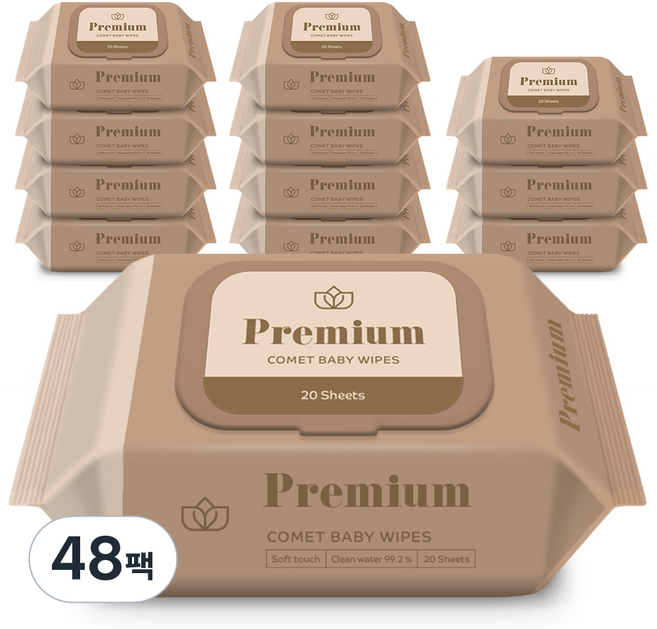 코멧 프리미엄 휴대용 아기물티슈 엠보싱 캡형, 75g, 20매, 48팩