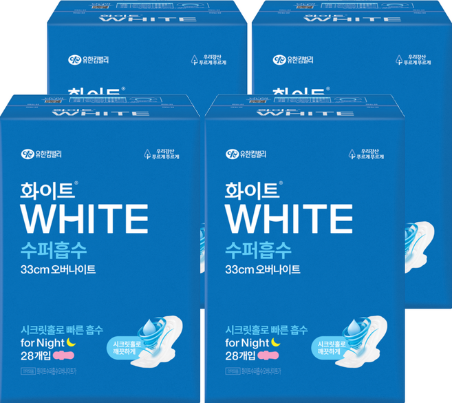 화이트 수퍼흡수 날개형 생리대, 오버나이트, 28개입, 4개