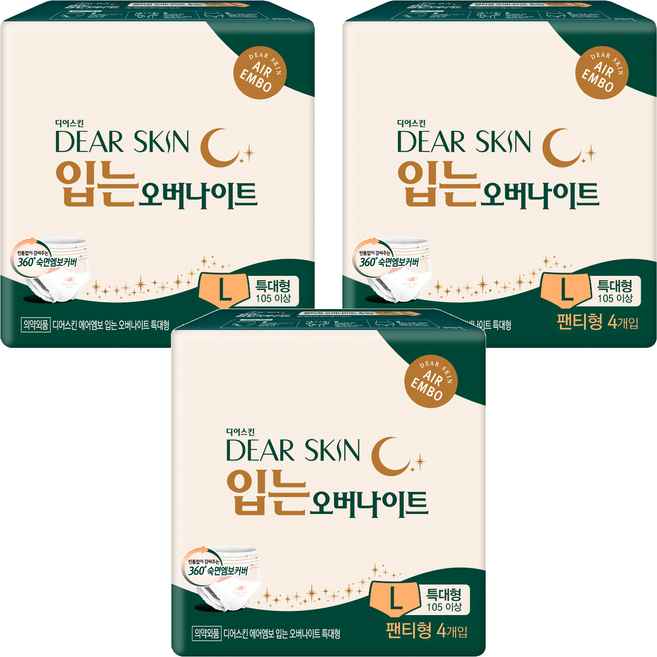 디어스킨 에어엠보 입는 오버나이트 생리대 팬티형, 특대형, 4개입, 3개