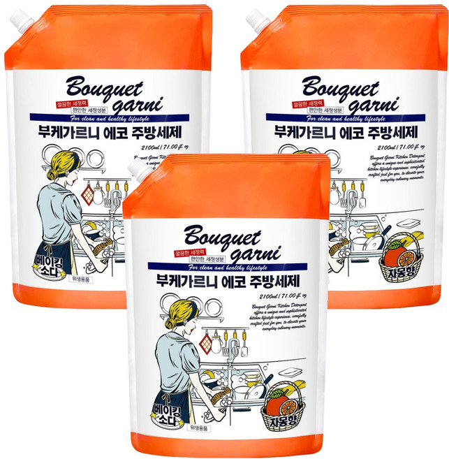 부케가르니 에코 주방세제 자몽향 리필, 2.1L, 3개