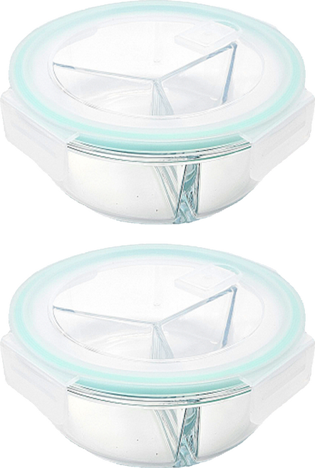 슈와츠코리아 내열 유리 나눔 반찬통 950ml + 뚜껑 세트 원형 3칸, 2세트, 반찬통 + 뚜껑