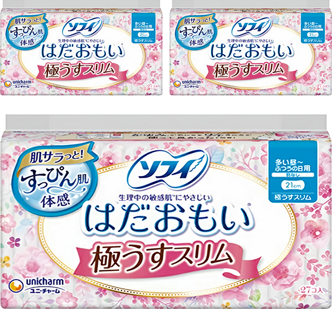 SOFY 蘇菲 日本原裝進口 敏感肌極輕薄衛生棉 日用量多 無翼型, 21cm, 27片, 3包