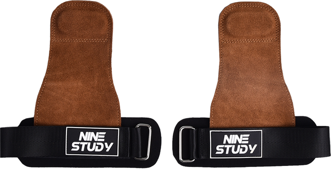 NINE STUDY 頂級皮革防滑重訓拉力帶 助力帶 引體向上輔助帶 護掌 150g, 咖啡色, 1雙