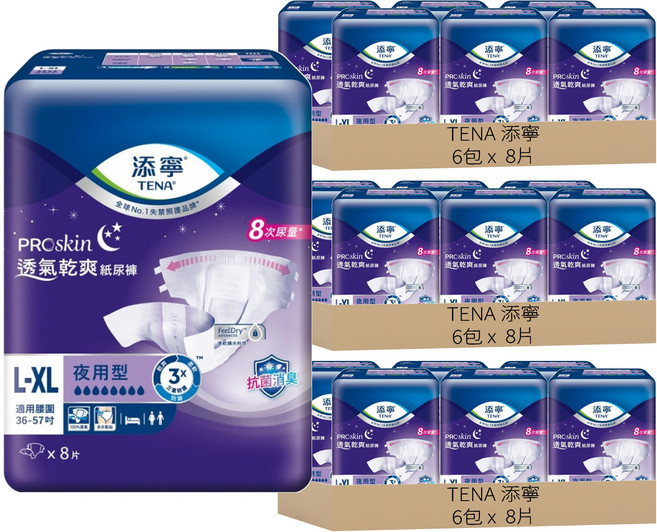 TENA 添寧 透氣乾爽成人紙尿褲 夜用型, L~XL, 8片, 18包