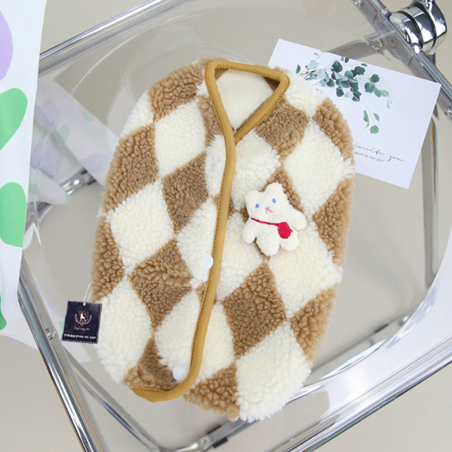 딩동펫 반려동물 체크베어 털조끼, 브라운, 1개