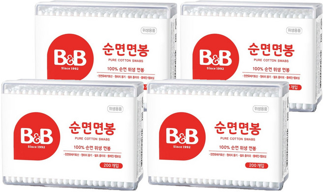 비앤비 순면 면봉, 200개입, 4개