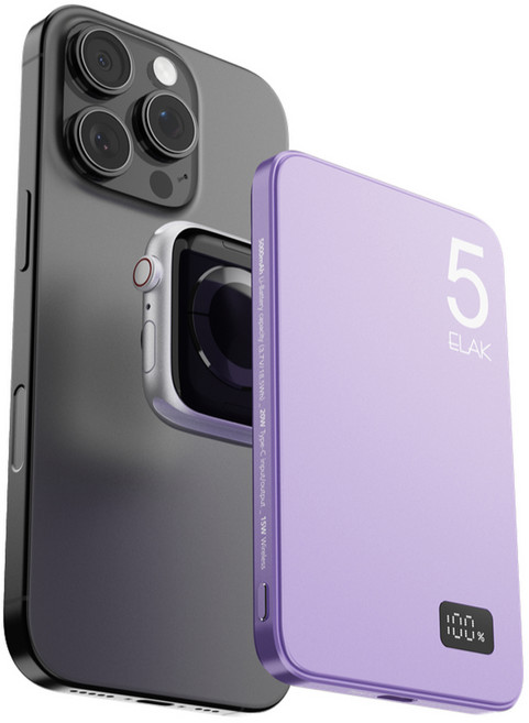 ELAK 3 in 1 에어팟 애플워치 충전 초슬림 초경량 무선 맥세이프 고속 충전 보조배터리 5000mAh, DS-21, 바이올렛