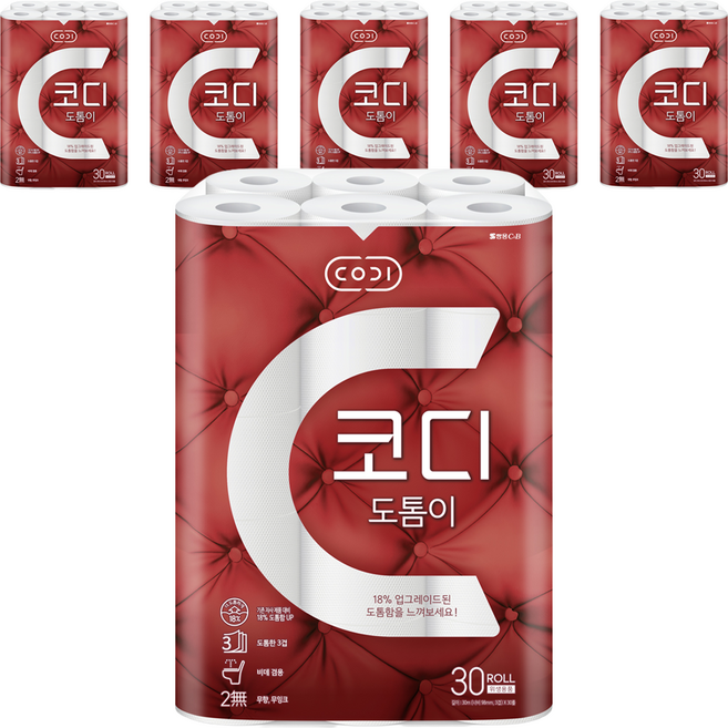 코디 도톰이 3겹 데코 롤화장지, 30m, 30롤, 6개