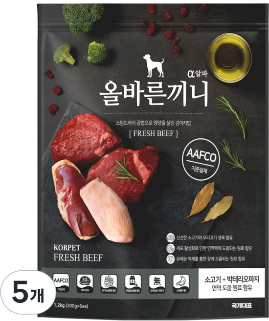 국개대표 강아지 올바른끼니 알파 소고기 기능성 사료, 면역/항산화, 1.2kg, 5개
