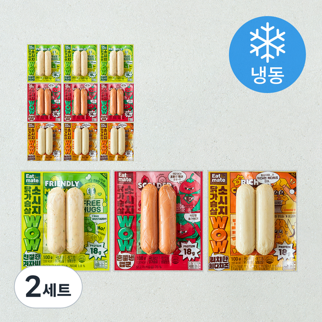 잇메이트 닭가슴살 소시지 WOW 친절한 겨자씨 100g x 4개입 + 리치한 체다치즈 100g x 4개입 + 혼쭐낸 맵군 100g x 4개입 세트 (냉동), 2세트