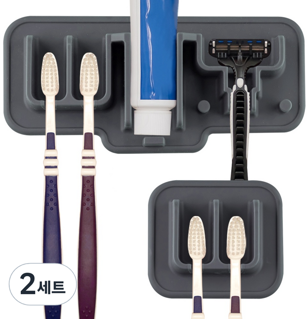 플라이토 실리콘 패밀리 흡착 칫솔 앤 면도기걸이 세트, 차콜그레이, 2세트
