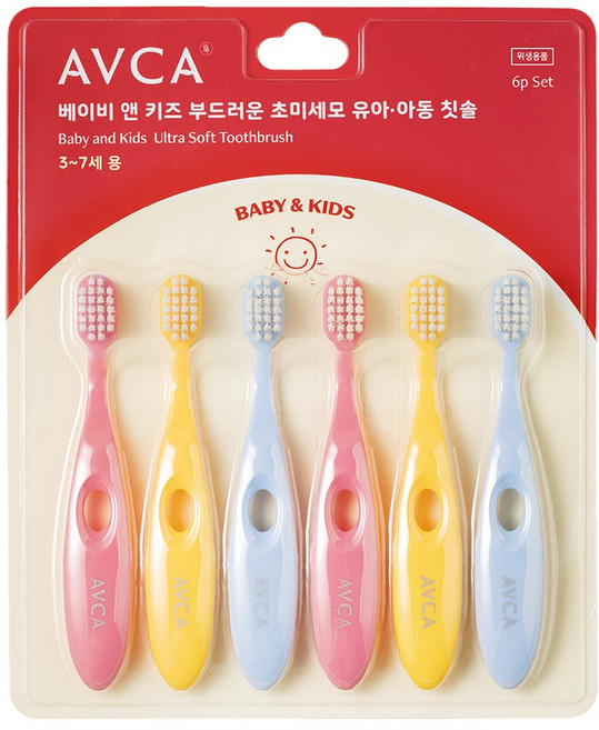 아브카 부드러운 초미세모 유아칫솔 스텝 2단계, 블루 + 옐로우 + 핑크, 6개입, 1세트