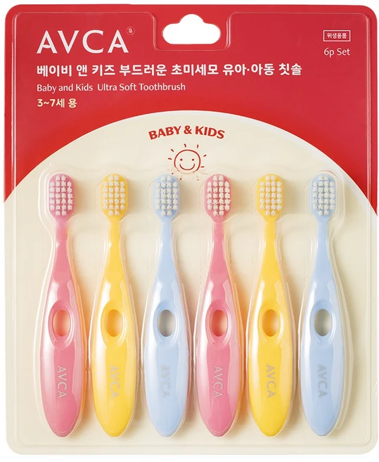 아브카 부드러운 초미세모 유아칫솔 스텝 2단계, 블루 + 옐로우 + 핑크, 6개입, 1세트 - 쿠팡