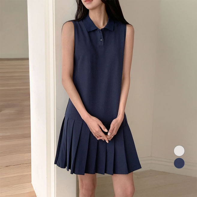 아피나르 여성용 버튼 카라 민소매 피케 테니스 원피스