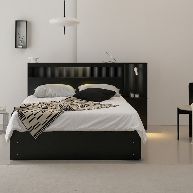 웰퍼니쳐 헤일로 LED 호텔식 수납 침대프레임 단품 + 사이드 패널 세트 방문설치, 블랙