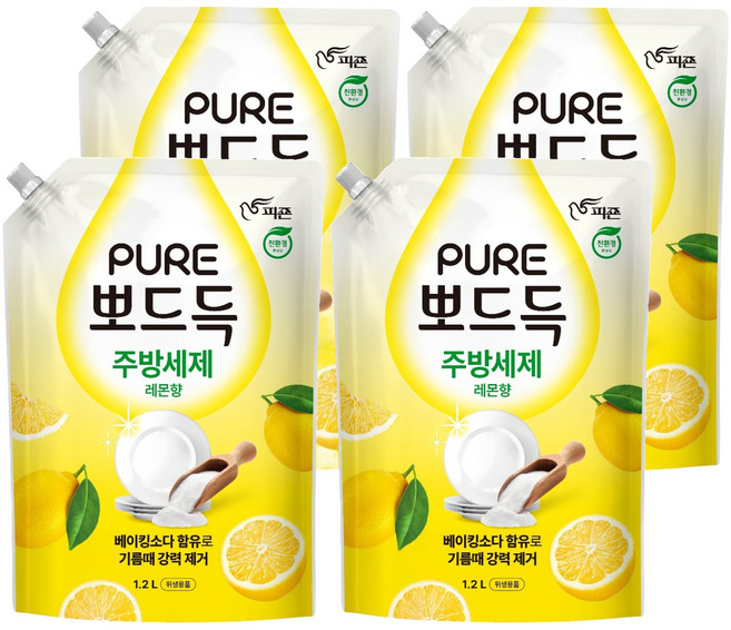 피죤퓨어 뽀드득 주방세제 레몬향, 1.2L, 4개