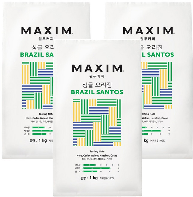 맥심 싱글 오리진 브라질 산토스 원두커피, 홀빈(분쇄안함), 1kg, 3개
