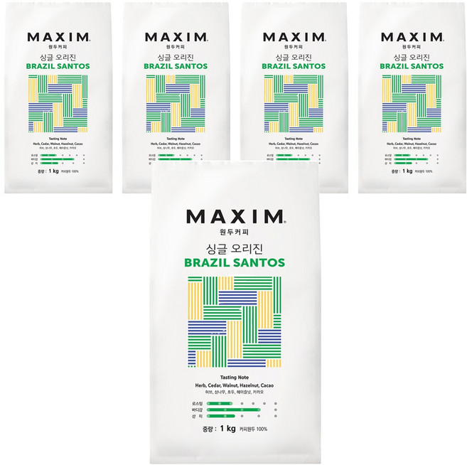 맥심 싱글 오리진 브라질 산토스 원두커피, 홀빈(분쇄안함), 1kg, 5개