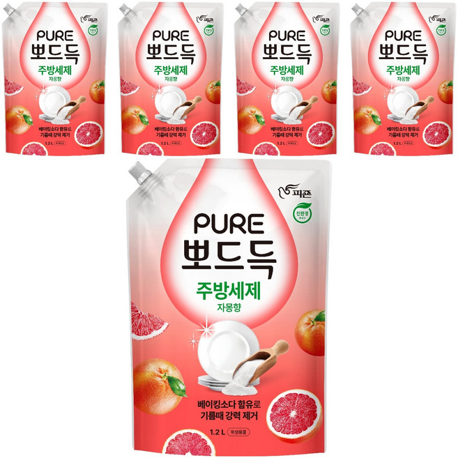 피죤퓨어 뽀드득 주방세제 자몽향, 5개, 1.2L