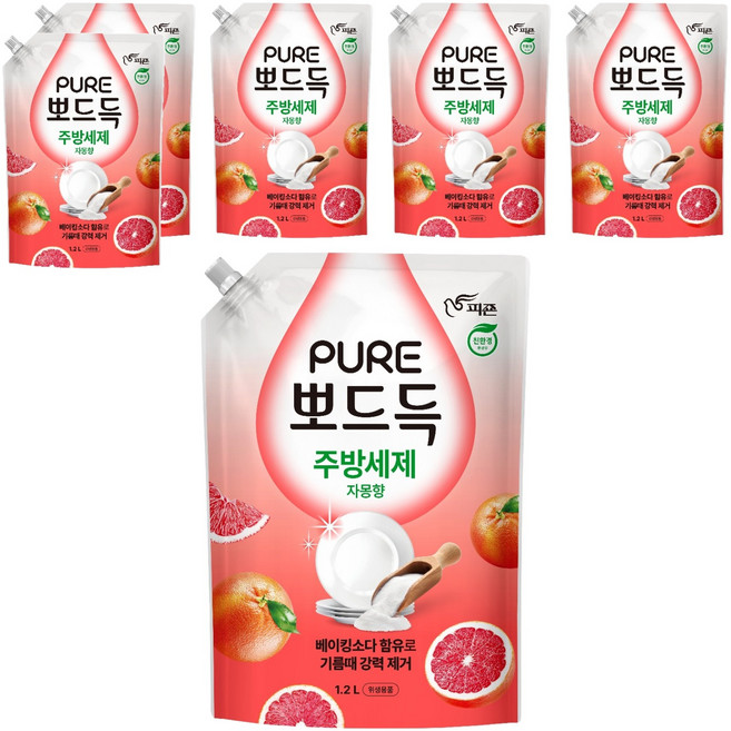피죤퓨어 뽀드득 주방세제 자몽향, 6개, 1.2L