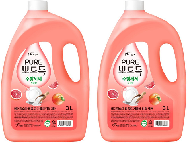 피죤퓨어 뽀드득 주방세제 자몽향, 2개, 3L