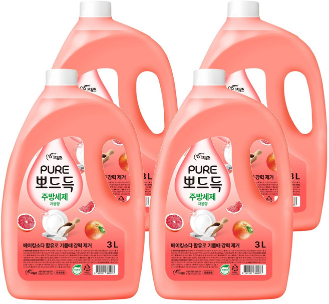 피죤퓨어 뽀드득 주방세제 자몽향, 4개, 3L