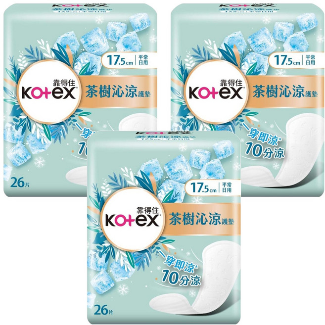 Kotex 靠得住 茶樹沁涼護墊 平常日用, 17.5cm, 26片, 3包