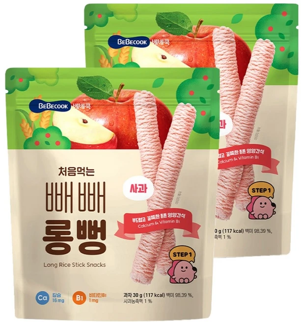 베베쿡 처음먹는 빼빼롱뻥 과자, 사과, 30g, 2개 - 쿠팡