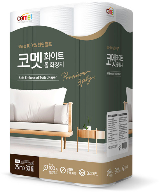 코멧 화이트 천연펄프 3겹 25m, 30개입, 1개