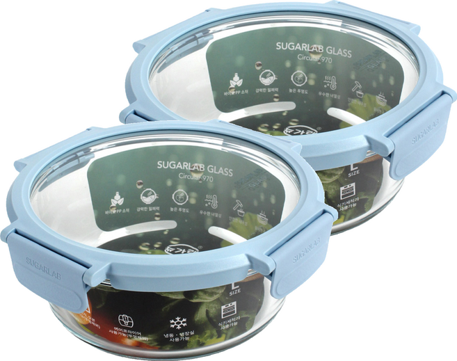 슈가랩 녹색인증 글라스 원형 밀폐용기, 2개, 970ml