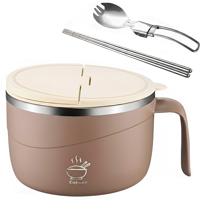 Eatwell 日式304不鏽鋼大容量泡麵碗 附餐具 + 蓋子 顏色隨機 1.2L, 1個, 奶茶色