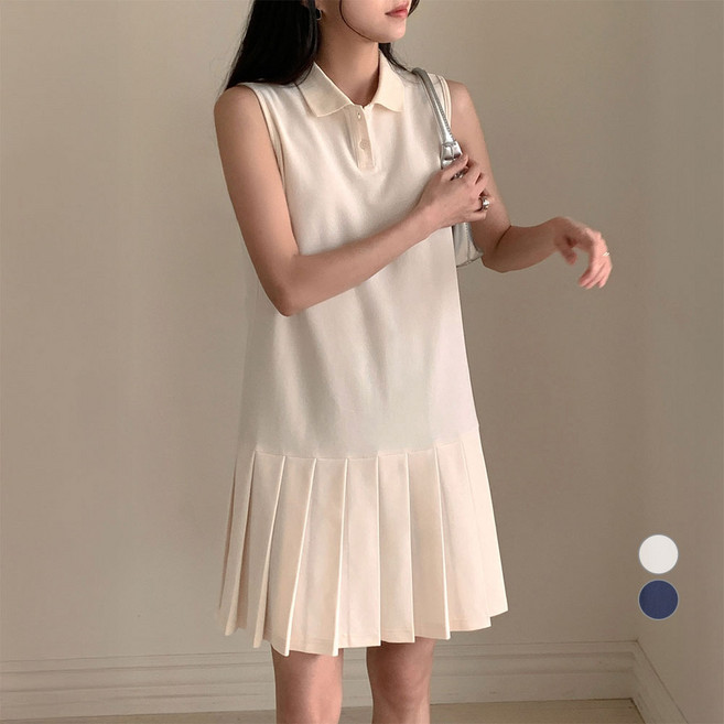 아피나르 여성용 버튼 카라 민소매 피케 테니스 원피스