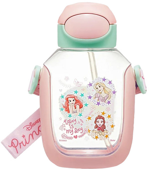 Skater 6DX 兒童 按壓吸管式 塑膠透明水壺 530ml Disney 公主 輕量 背帶 粉色 1個