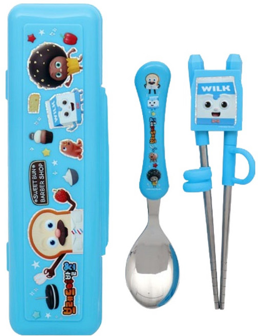 Bread BARBER SHOP 吐司先生髮廊 Wilk 矯正筷匙組 PN298, 1套, 藍色 + 銀色, 湯匙 + 筷子 + 收納盒