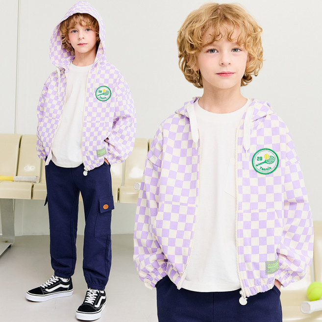andiapple 兒童款Play棋盤格連帽拉鍊外套