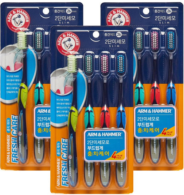 암앤해머 프레쉬케어 베이킹소다 2단미세모 칫솔, 4개입, 3개