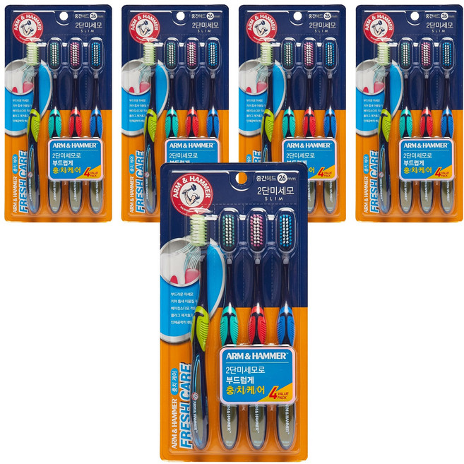 암앤해머 프레쉬케어 베이킹소다 2단미세모 칫솔, 4개입, 5개