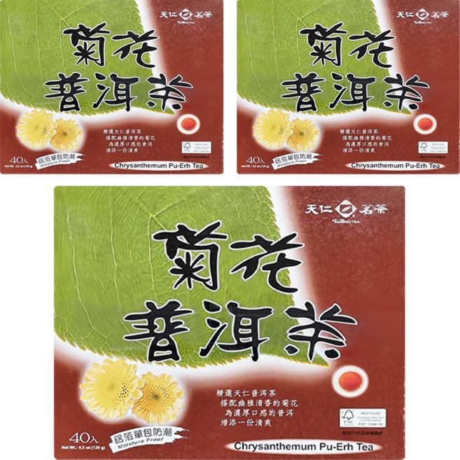 天仁茗茶 菊花普洱茶, 3g, 40包, 3盒