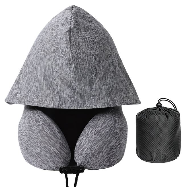 咪咪購物 飛機枕/連帽頸枕/脖子枕頭/護頸枕/旅行頸枕 戴帽款 + 收納袋, 深灰色