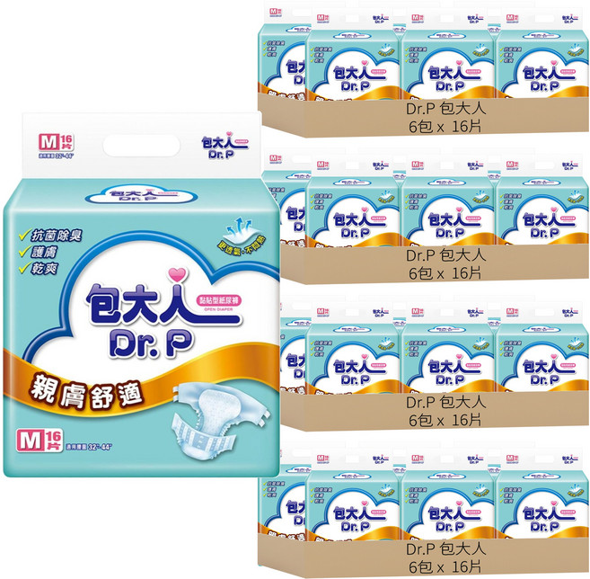 Dr.P 包大人 親膚舒適 成人黏貼型紙尿褲, M(腰圍32~44吋), 16片, 24包