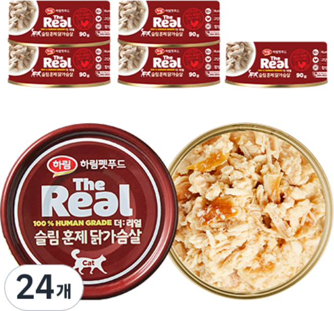 하림펫푸드 고양이 더리얼 슬림 훈제 간식캔, 닭가슴살, 90g, 24개
