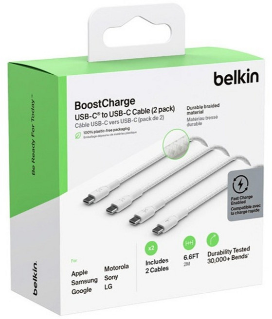 벨킨 BoostCharge 브레이디드 USB C타입-C타입 고속 충전케이블 CAB004bt2MWH, 2m, 화이트, 2개
